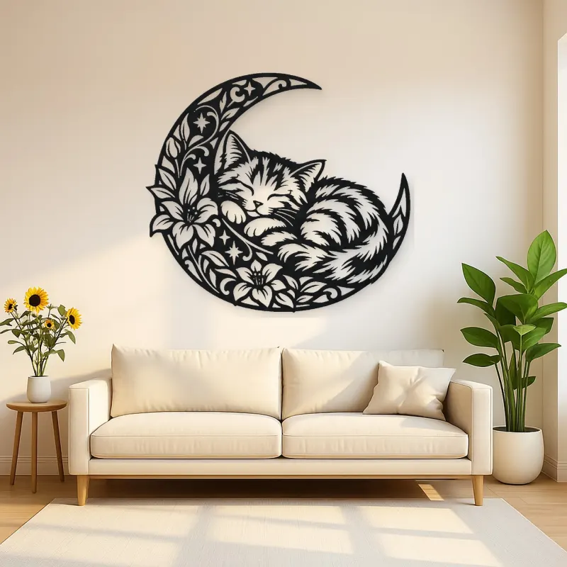 Sleeping Cat Crescent Metal Wall Art | Pet Lover Silhouette Decor