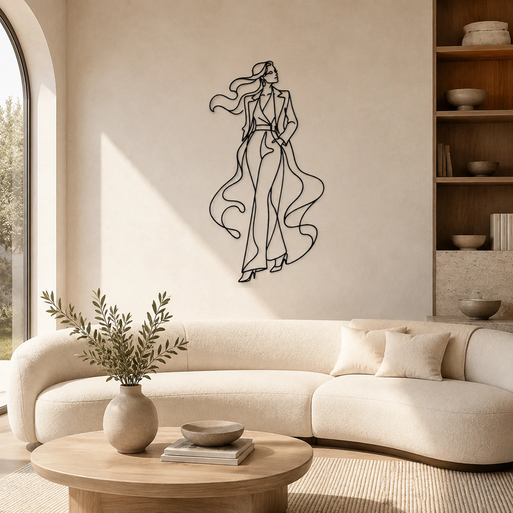Decoración mural de metal con arte lineal