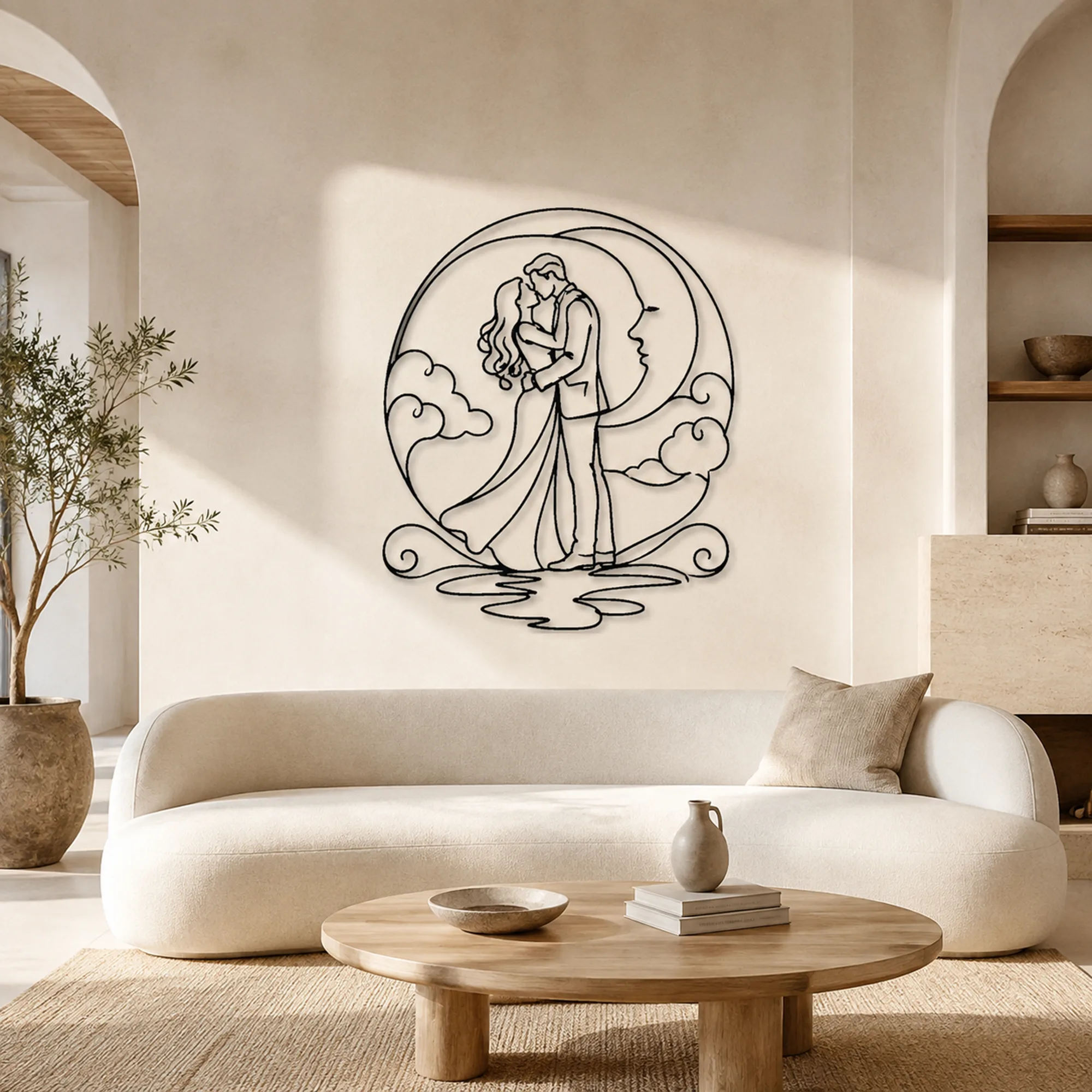 Decoración mural de metal con arte lineal